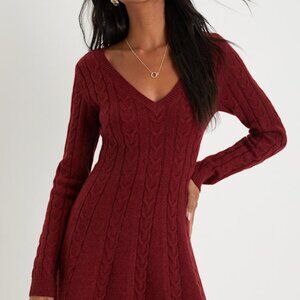 Lulus Sweetly Seasonal Burgundy Cable Knit Sweater Mini Dress Red - Size M